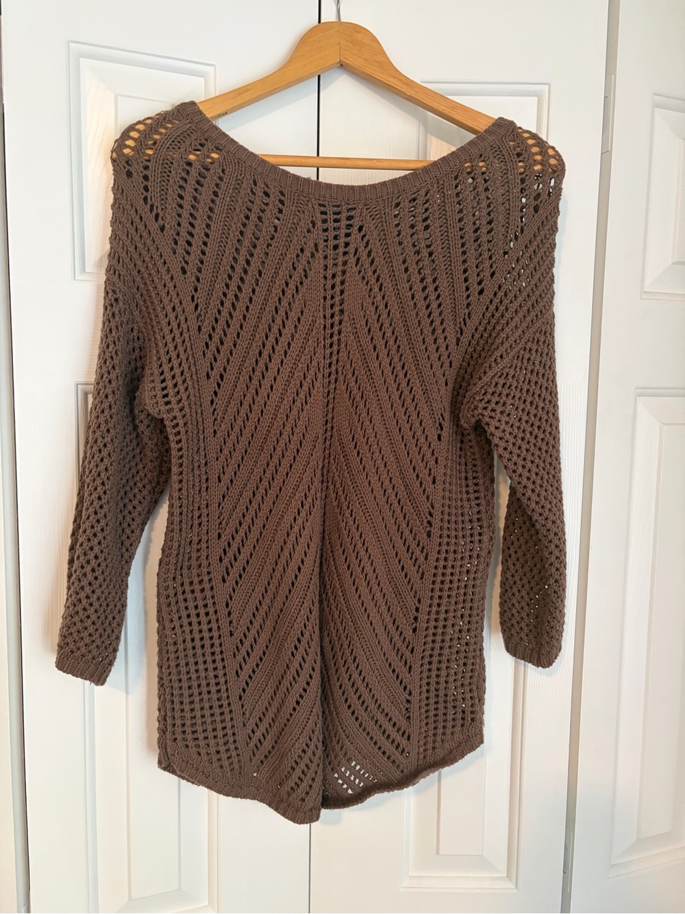 Brown Open-Knit Crewneck Sweater